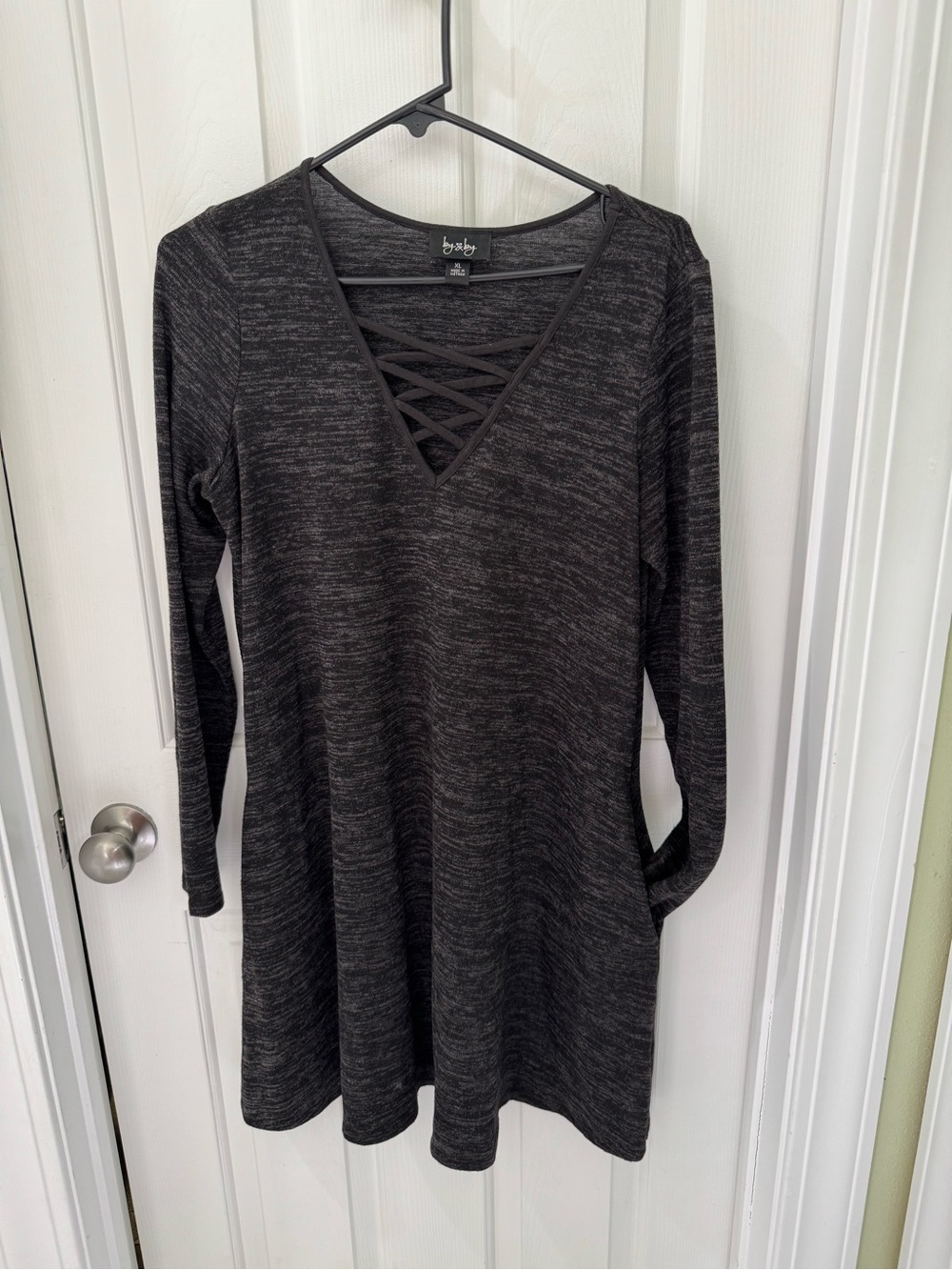 by & by Charcoal Gray Crisscross V-Neck Long Sleeve Tunic